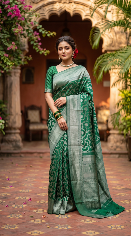 Deep Green Pure Kanjeevaram Silk Saree, With Unstiched Blouse