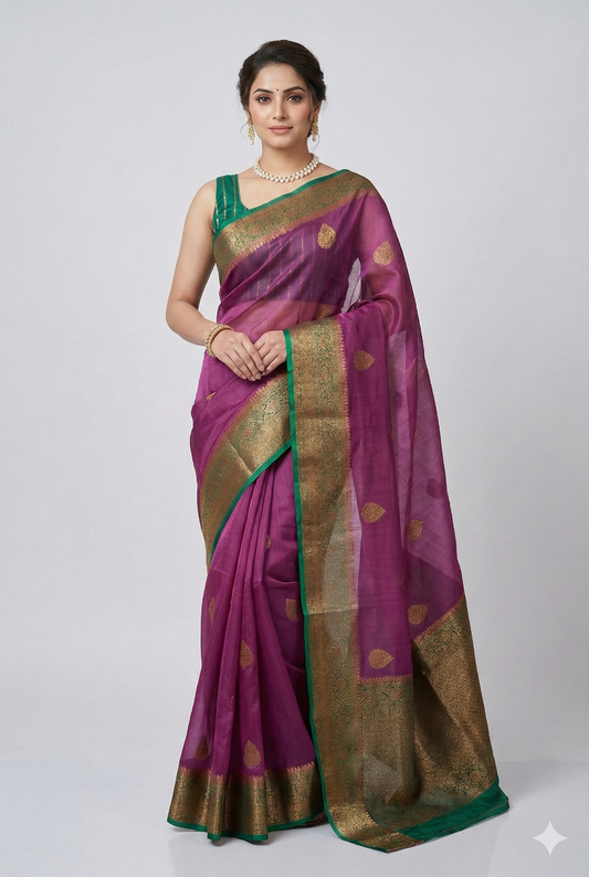 Onion Pink Kora Banarasi Silk Saree, With Unstiched Blouse - Saarang Sarees