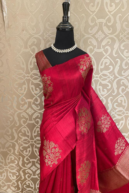 Red Pure Raw Tussar Banarasi Silk Saree, Hand Woven Motifs With Unstiched Blouse