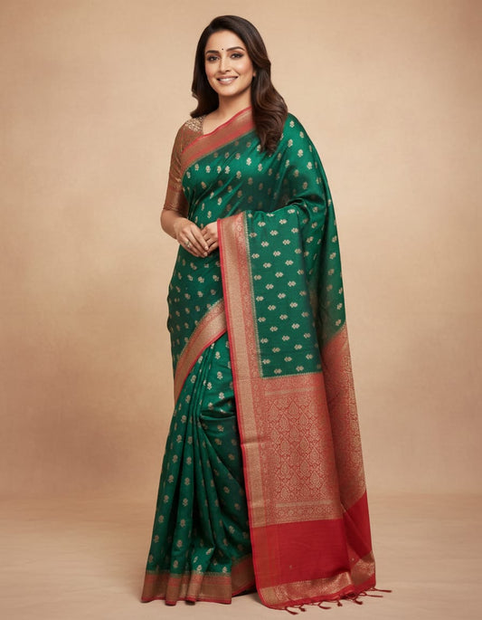 Deep green Munga Banarasi silk saree with intricate gold zari work and an unstiched matching blouse, traditional Indian wear.
