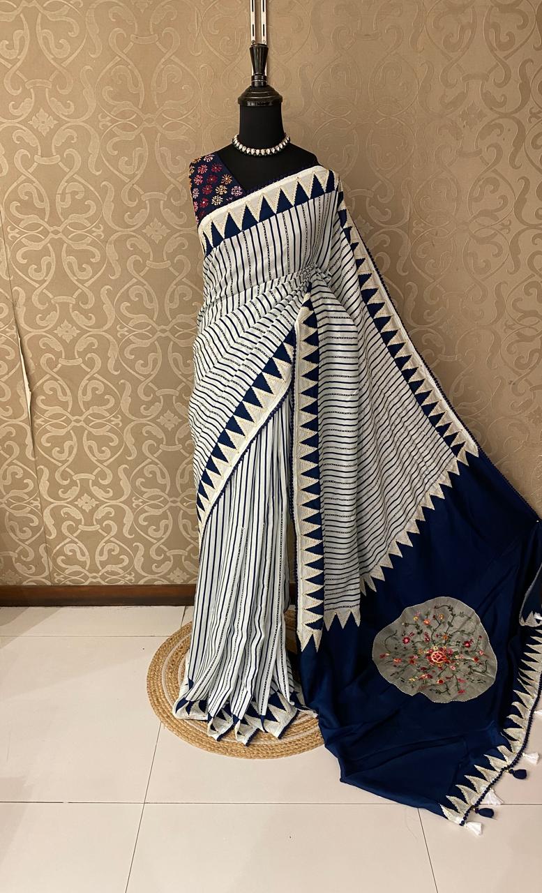 White & Blue Stripe Munga Silk Saree With Hand Embroidery Work, With Unstiched Blouse