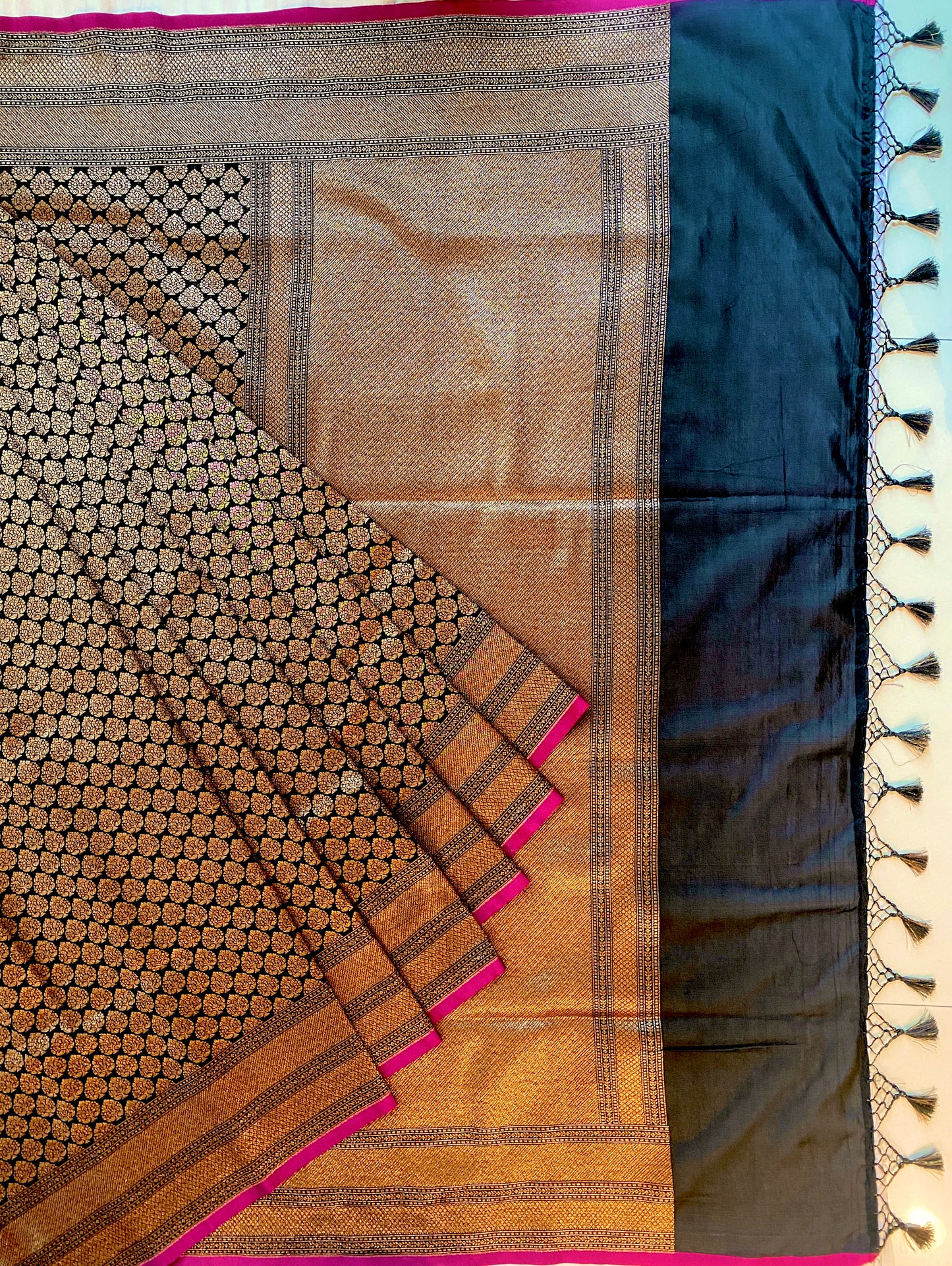 Black Semi Katan Brocade Silk Saree, With Unstiched Blouse