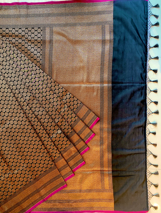 Black Semi Katan Brocade Silk Saree, With Unstiched Blouse