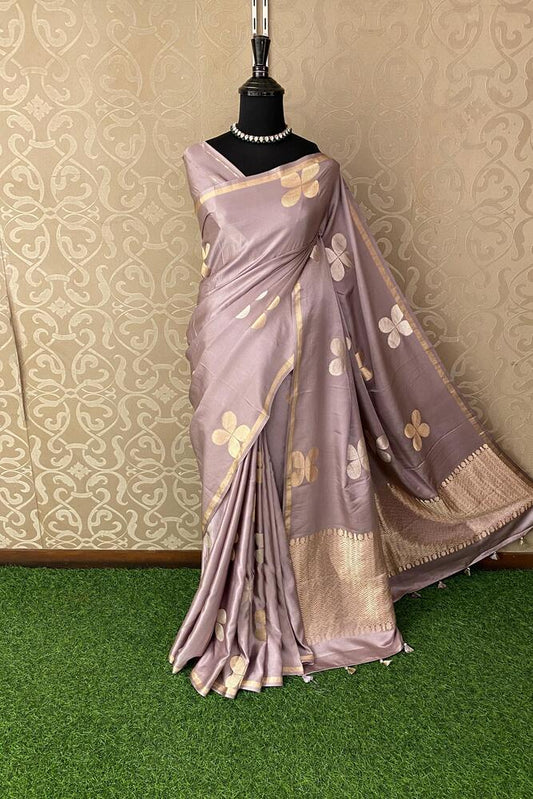 Grey Mashru Silk Banarasi Handloom Saree, With Unstiched Blouse