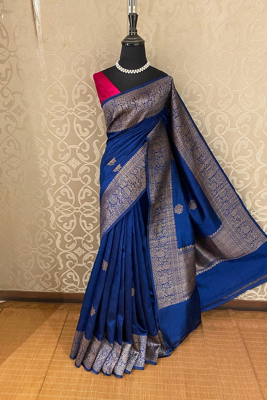 Deep Blue Pure Raw Tussar Banarasi Silk Saree, Hand Woven Motifs With Unstiched Blouse