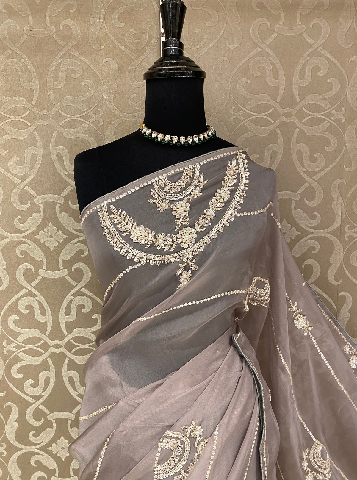 Grey Organza Silk Embroidery Saree, With Unstiched Blouse