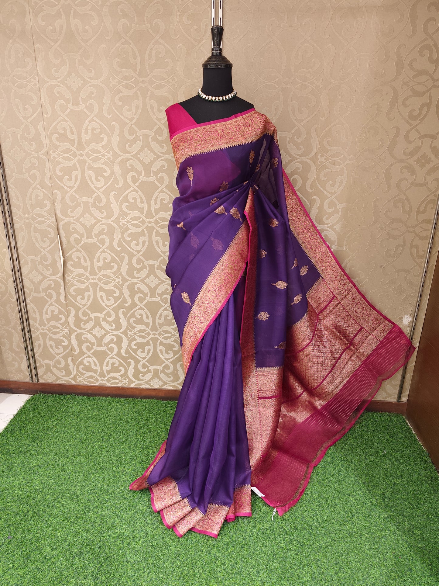 Purple Kora Banarasi Silk Saree, With Unstiched Blouse