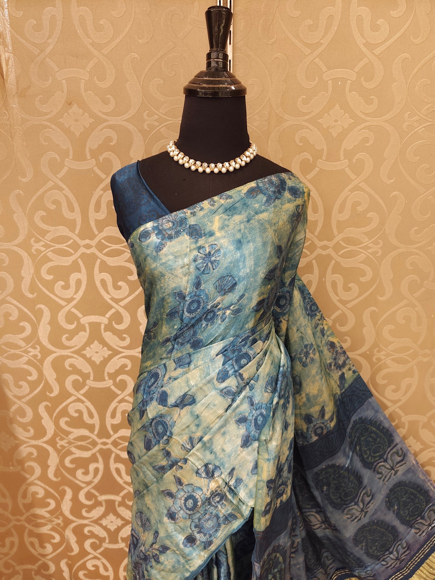 Blue & Yellow Pure Modal Silk Ajrakh Printed Saree With Unstich Blouse