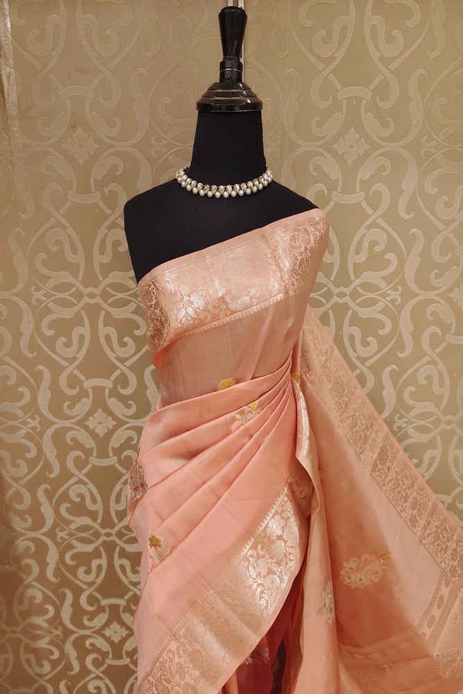 Peach Chiniya Silk Saree Hand Woven Butas, With Unstiched Blouse