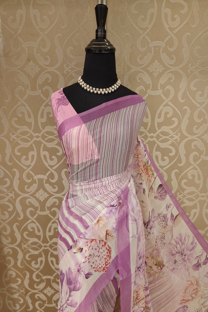 Off-White Purple Floral Printed Chiffon Saree, With Unstiched Blouse Piece