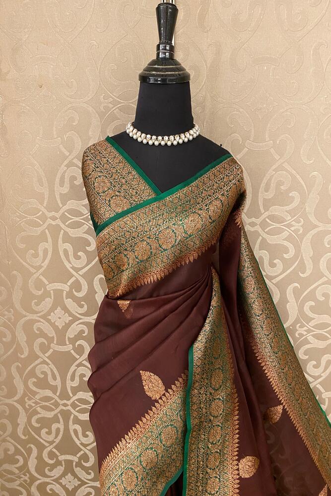 Chocolate Brown Kora Banarasi Silk Saree, With Unstiched Blouse