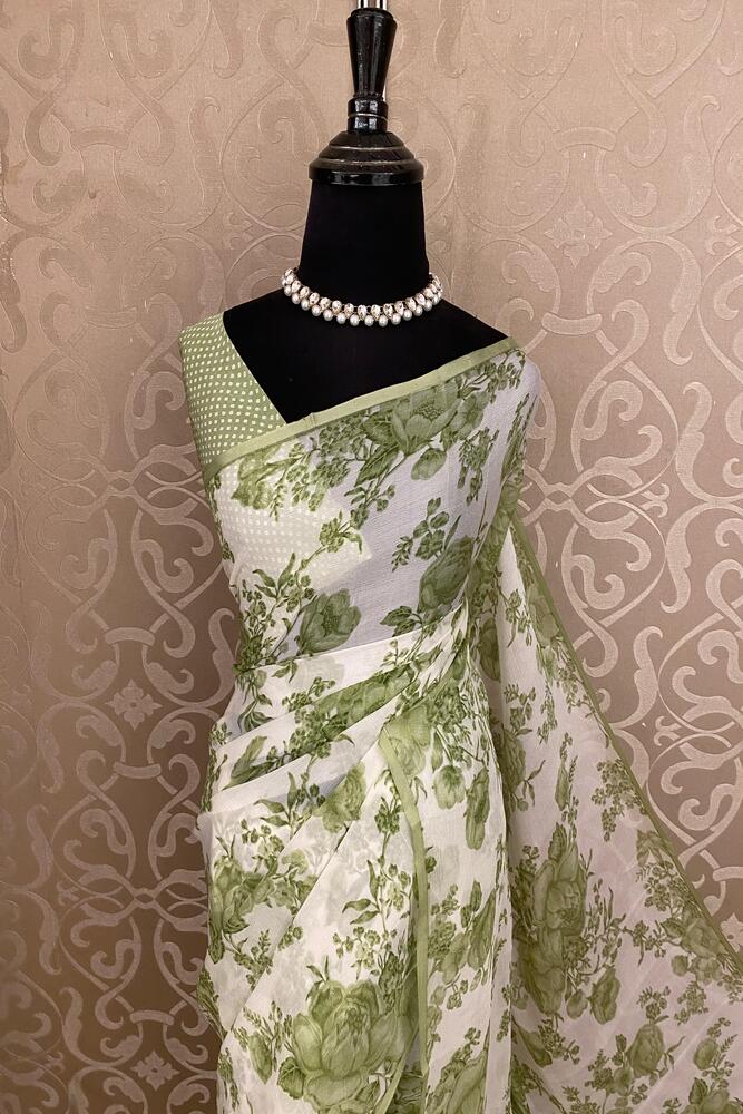 Off-White Green Floral Printed Chiffon Saree, With Unstiched Blouse Piece