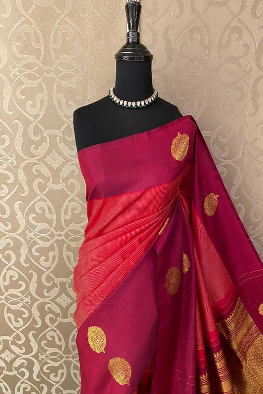 Red Pure Kanjeevaram Silk Saree, With Unstiched Blouse