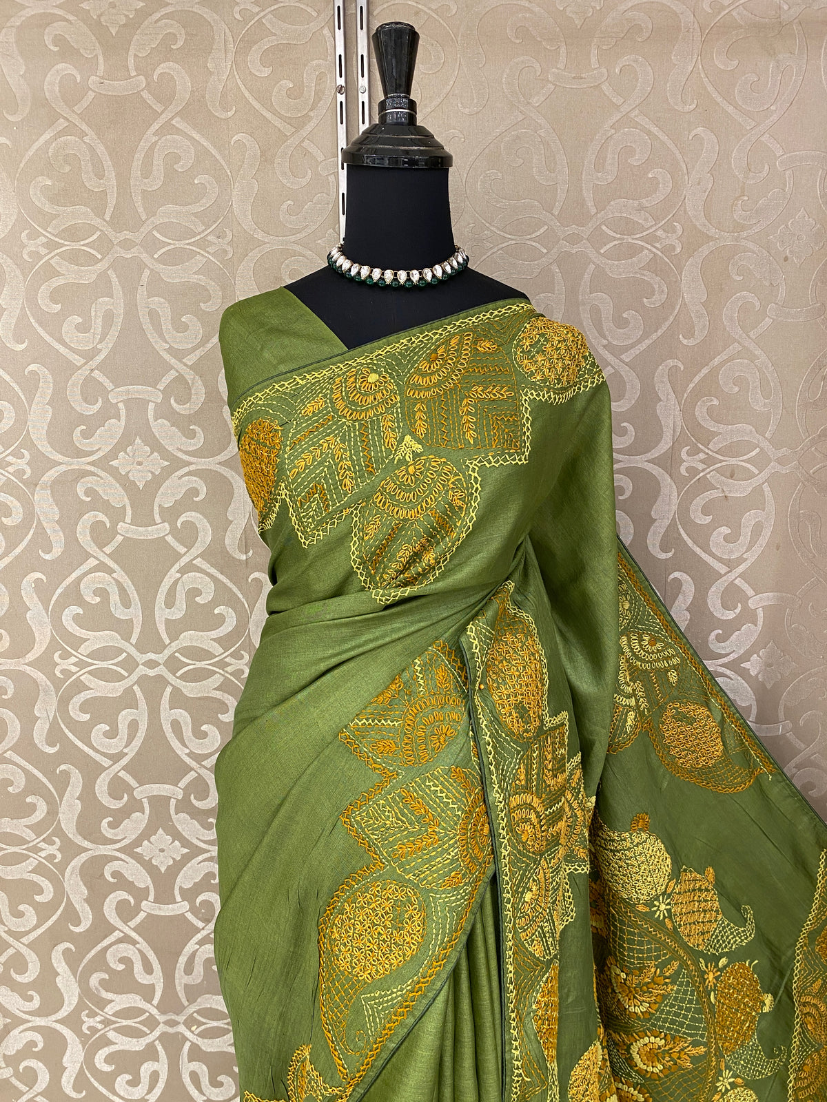 Green Tussar Hand Embroidery Saree, With Unstitched Blouse