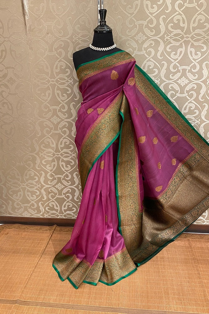 Onion Pink Kora Banarasi Silk Saree, With Unstiched Blouse - Saarang Sarees