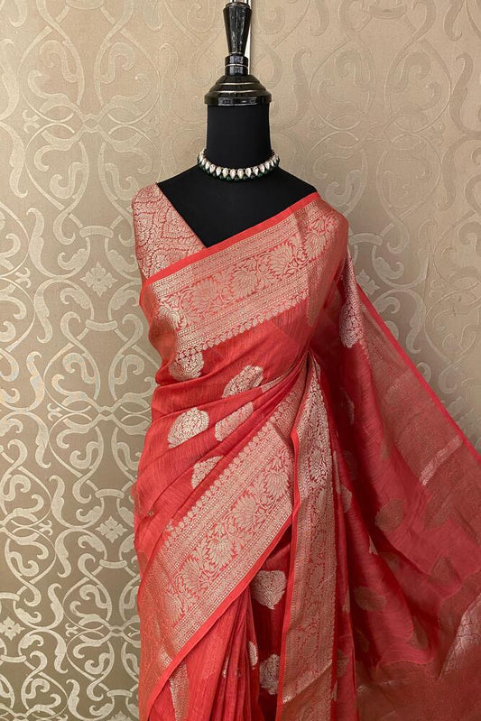 Red Linen Banarasi Saree With Unstiched Blouse
