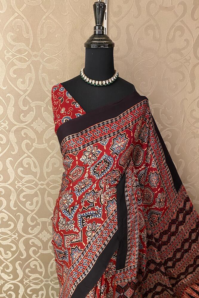 Maroon Pure Modal Silk Ajrakh Printed Saree With Unstiched Blouse