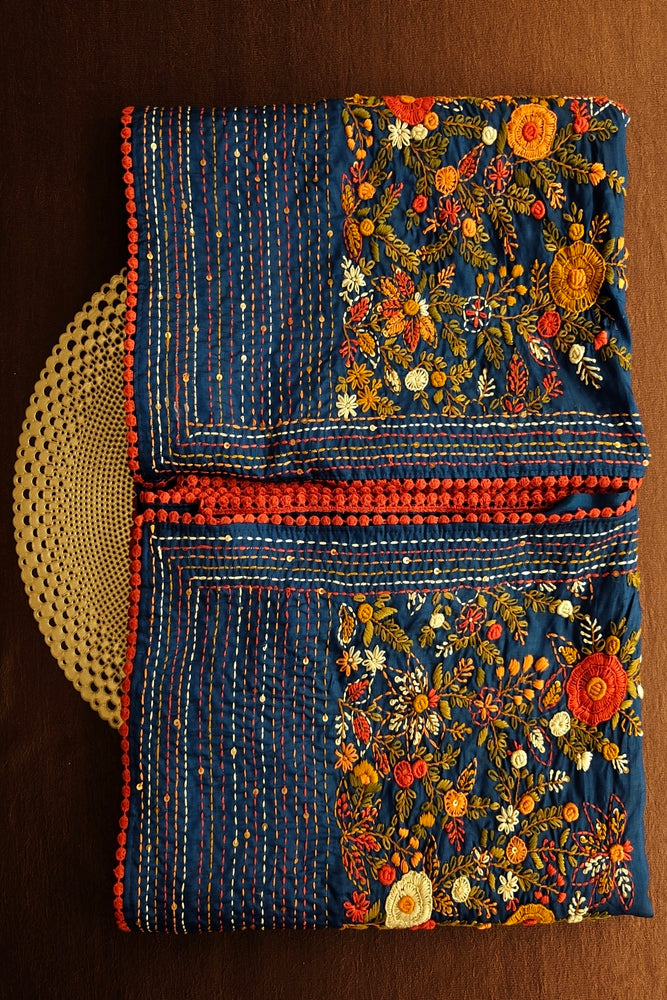 Deep Blue Semi Munga Silk French Knot Hand Embroidery Work Saree, With Unstiched Blouse