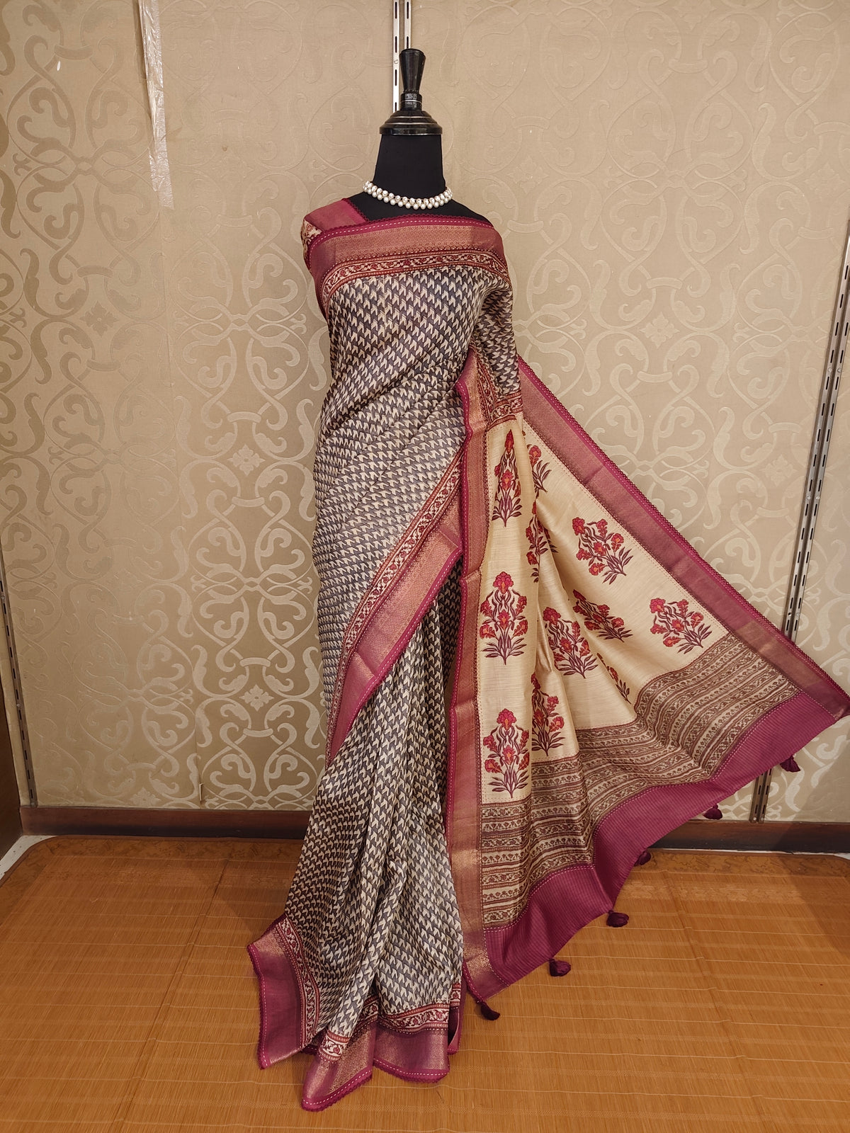 Grey & Beige Munga Silk Printed Saree With Kantha Work, With Unstich Blouse