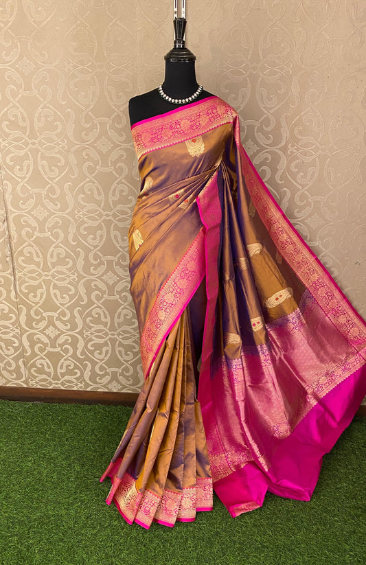 Olive Brown & Gold Katan Banarasi Saree Hand Woven Work, With Unstiched Blouse