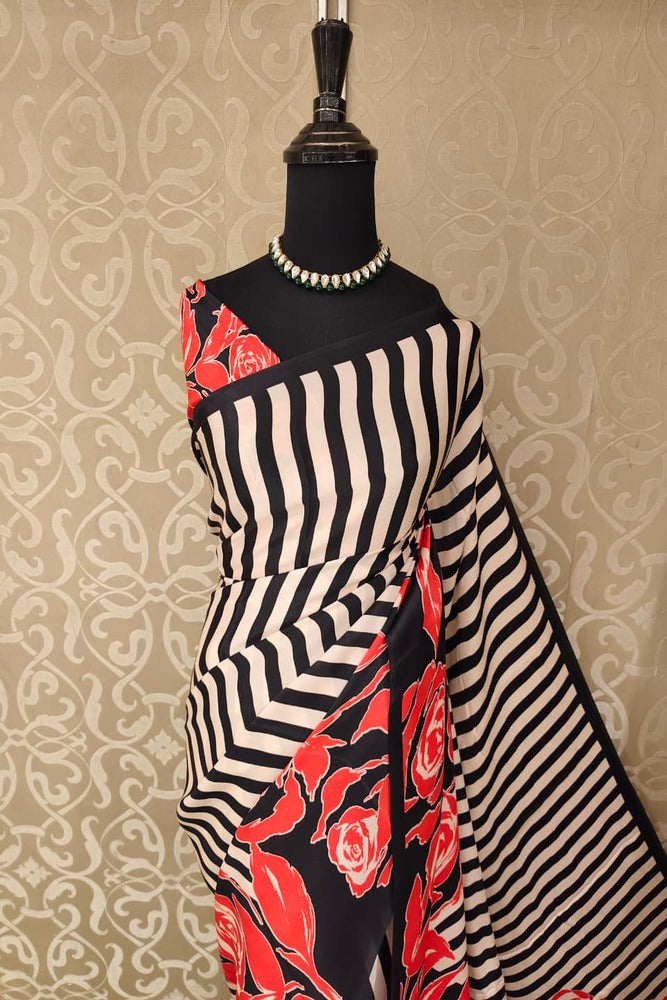 Zebra Stripe Floral Printed Satin Crepe Saree, With Unstiched Blouse