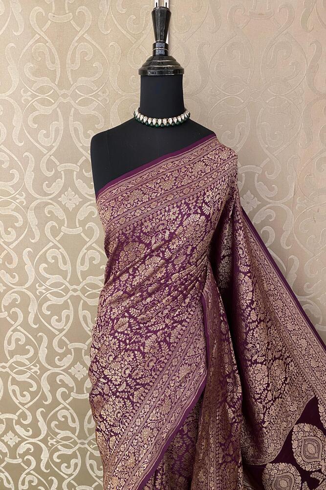 Deep Purple Crepe Khaddi Banarasi Silk Saree With Unstiched Blouse