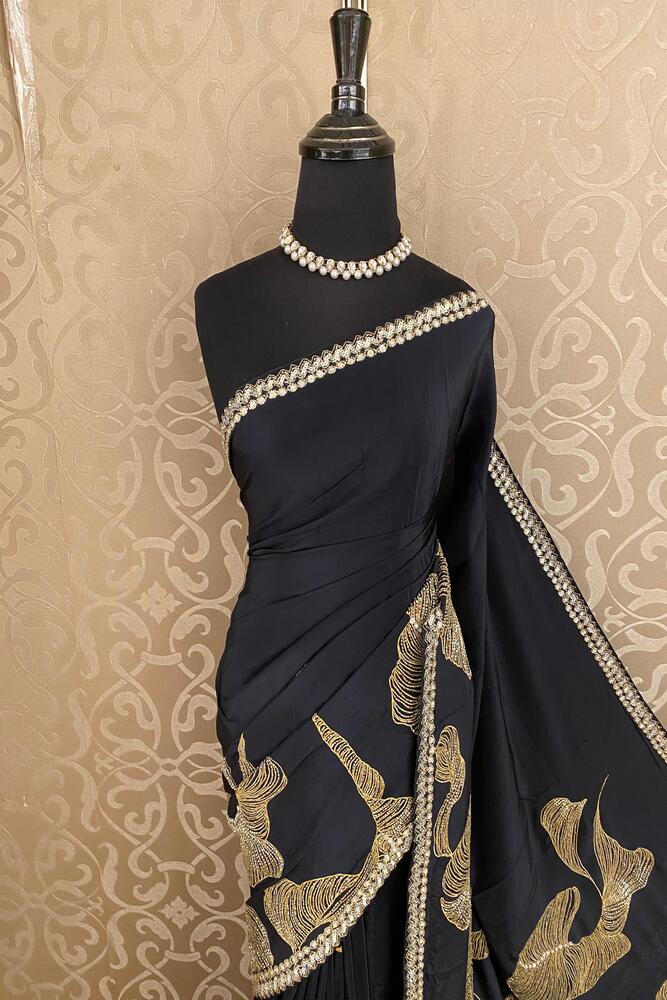 Black Crepe Organza Silk Saree, With Readymade Blouse Piece