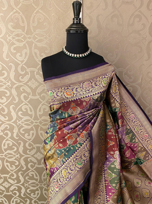 Multi Kadiyal Banarasi Rangkat Design Saree, With Unstiched Blouse