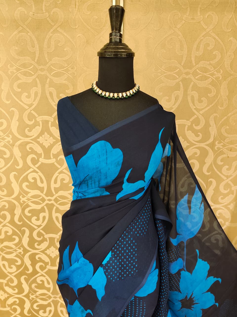 Black Floral Printed Chiffon Saree, With Unstiched Blouse Piece