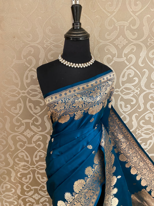 Teal Blue Mashru Silk Banarasi Handloom Saree, With Unstiched Blouse