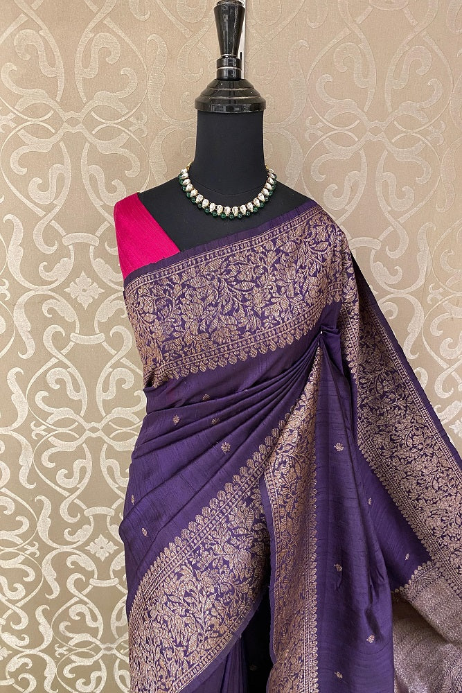 Deep Purple Pure Raw Tussar Banarasi Silk Saree, Hand Woven Motifs With Unstiched Blouse