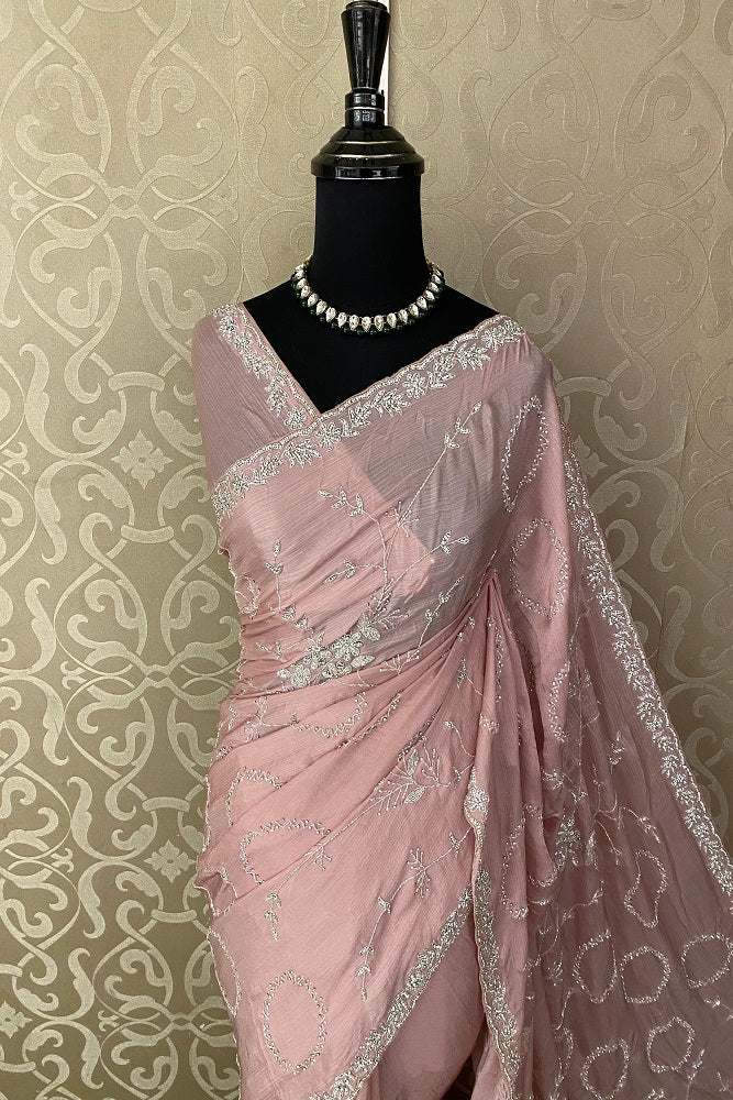 Pink Crepe Silk Saree With Embroidery Work, With Unstitched Blouse