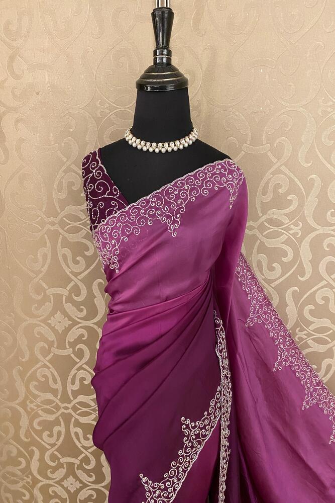 Purple soft organza silk embroidery party wear saree with unstitched blouse from Saarang Sarees, featuring intricate embroidery and elegant drape.