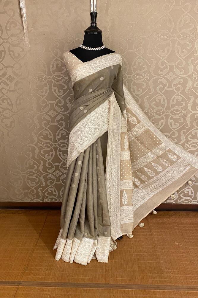 Grey Munga Handloom Saree With Chikankari Work, With Unstiched Blouse