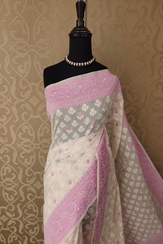 Off-White Cotton Jamdani Saree with unstiched blouse, traditional wear by Saarang Sarees, featuring intricate woven patterns and elegant design.