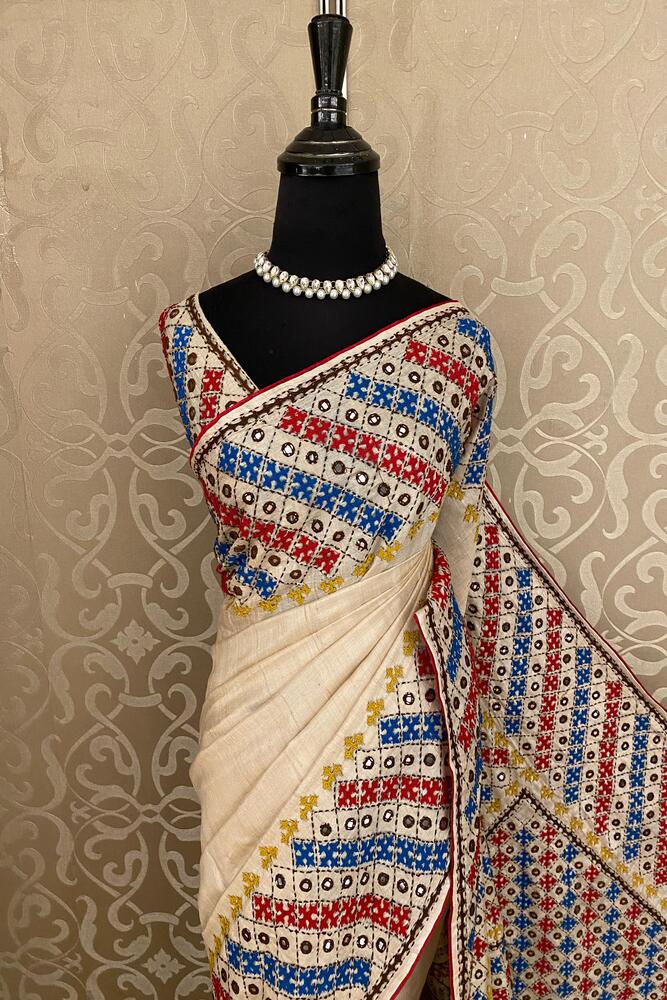 Off-White Tussar Embroidery Saree With Kathiawari Work Border, With Unstitched Blouse