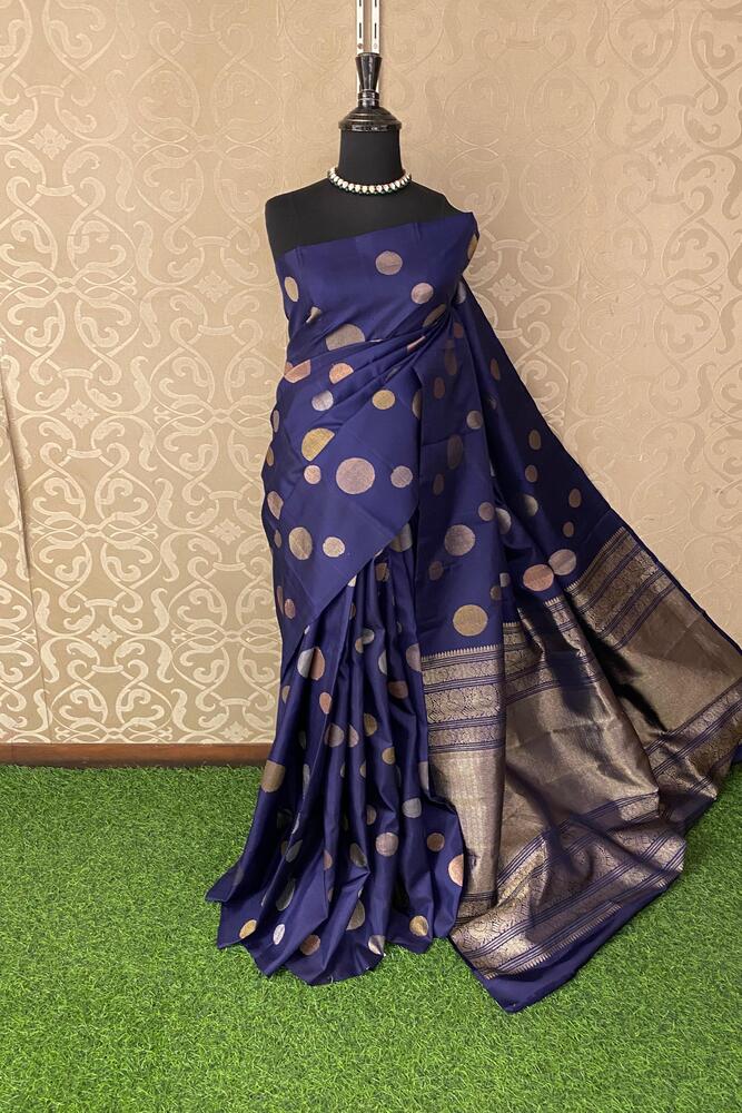 Indigo Blue Pure Kanjeevaram Silk Saree, With Unstiched Blouse