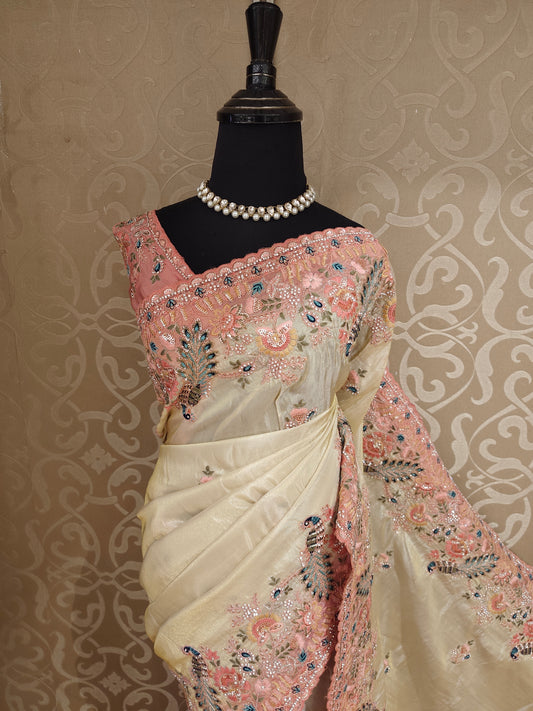 Off-White Tissue Kanjeevaram Silk Sarees With Embroidery Work, With Unstiched Blouse
