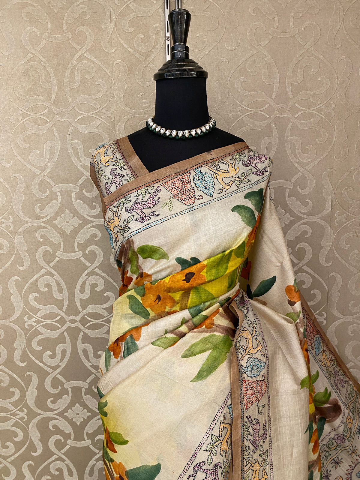 Off-White Tussar Hand Print Kantha Work Border Saree, With Unstitched Blouse