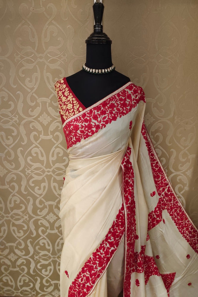 Off-White Tussar Hand Parsi Work Saree, With Unstiched Blouse