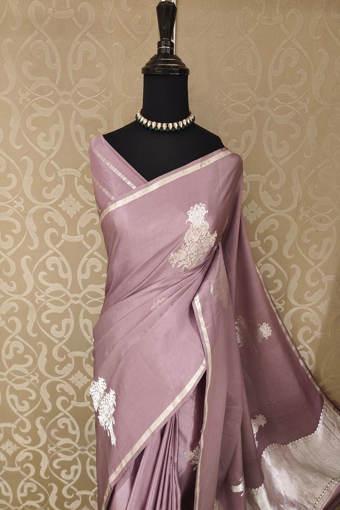 Light Purple Mashru Silk Banarasi Handloom Saree, With Unstiched Blouse