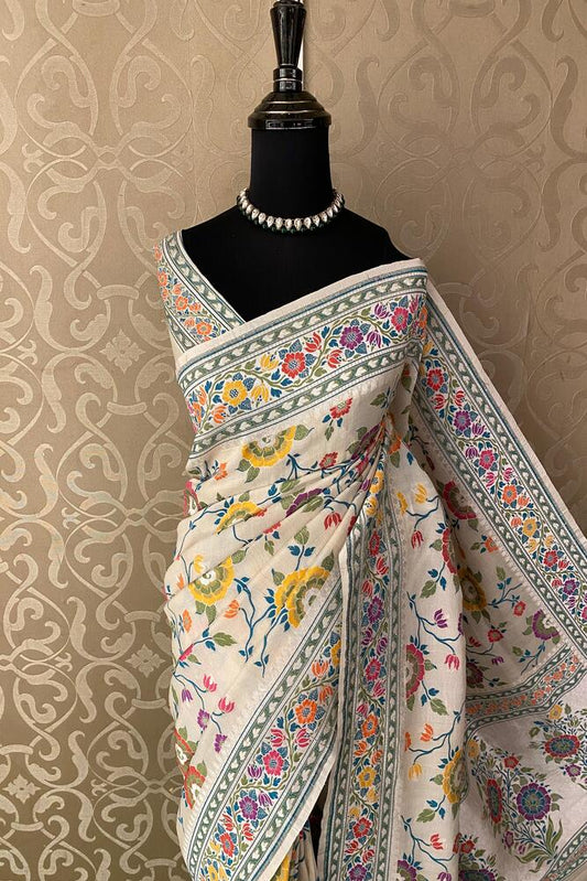 Off-White Tussar Khaddi Hand Weaving Saree, With Unstiched Blouse