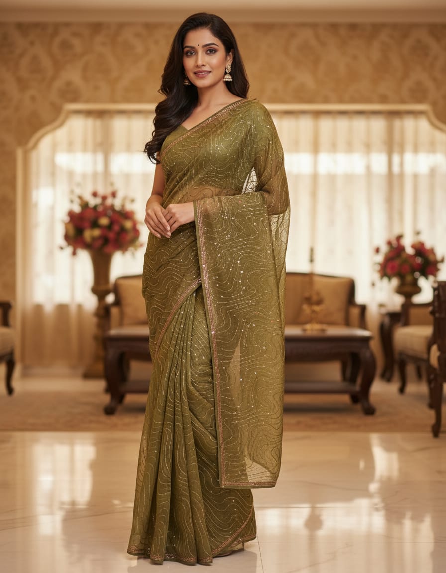Green tissue crepe silk saree with stone work and unstiched blouse, perfect for party wear by Saarang Sarees.
