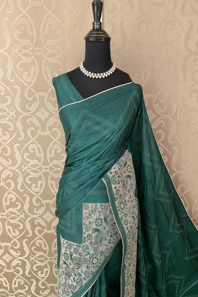 Deep Green Tussar Saree With Organza Applique Work, With Unstiched Blouse