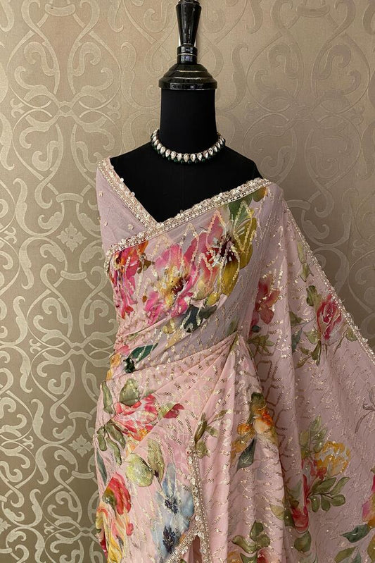 Baby Pink Printed Georgette Sequin Saree, With Unstiched Blouse