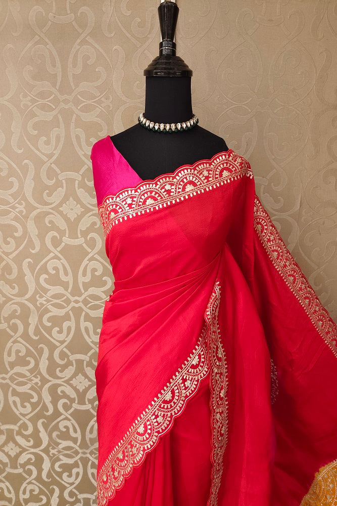 Cherry Red Tussar Silk Printed Saree With Aari Work Border, With Unstiched Blouse