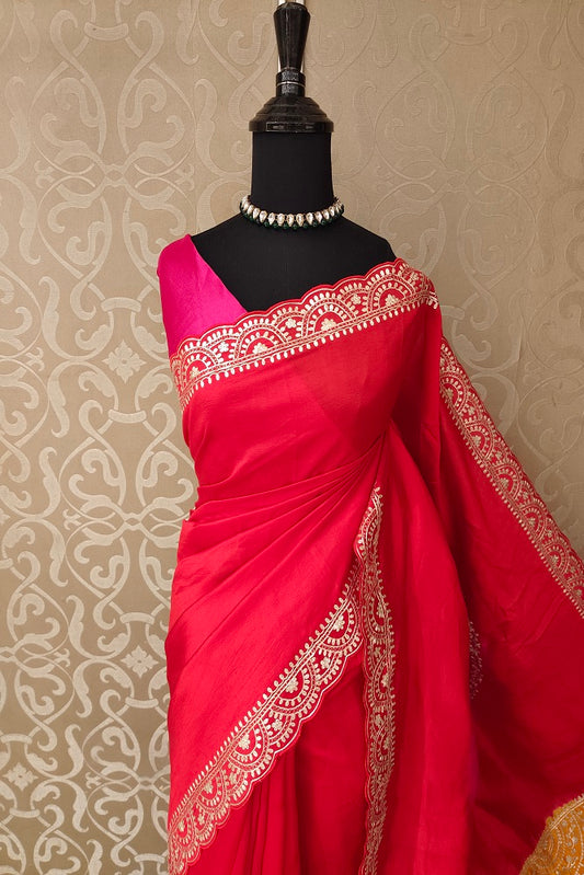 Cherry Red Tussar Silk Printed Saree With Aari Work Border, With Unstiched Blouse