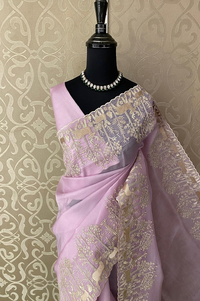 Onion Pink Organza Silk Resham Embroidery Saree, With Unstiched Blouse