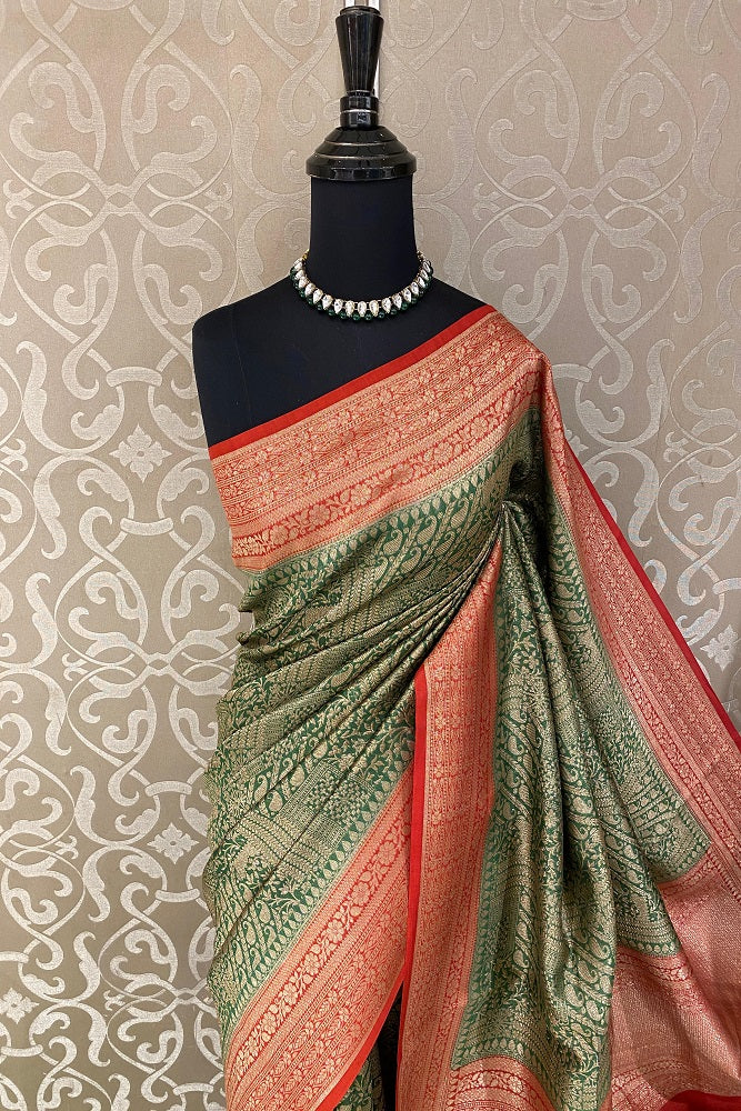 Deep Green Brocade Chanderi Silk With Unstiched Blouse