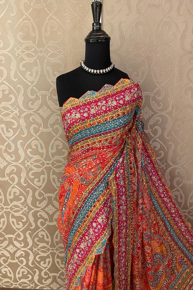 Multi Crepe Georgette Saree With Mirror Work, With Unstiched Blouse